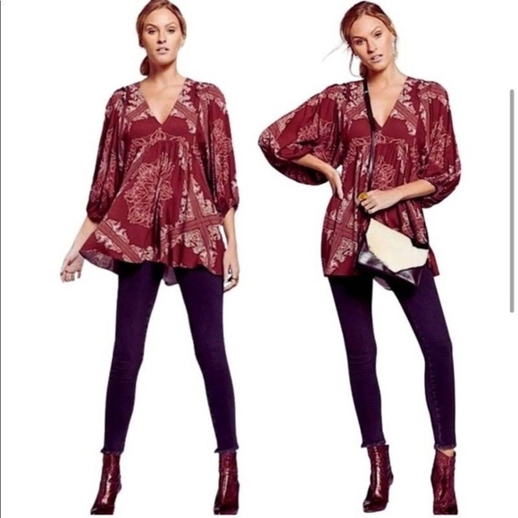 Free People Girl Talk Burgundy Tunic Top Paisley Balloon Sleeves Size XS Boho - Picture 3 of 9